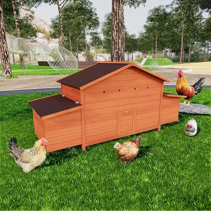 Wooden Chicken Coop for 2-4 Chickens, Large Outdoor Chicken House with Dual Nesting Boxes, Free Range Doors, Leakproof Pull Out Tray, Poultry Hutch for Backyard, Brick Red