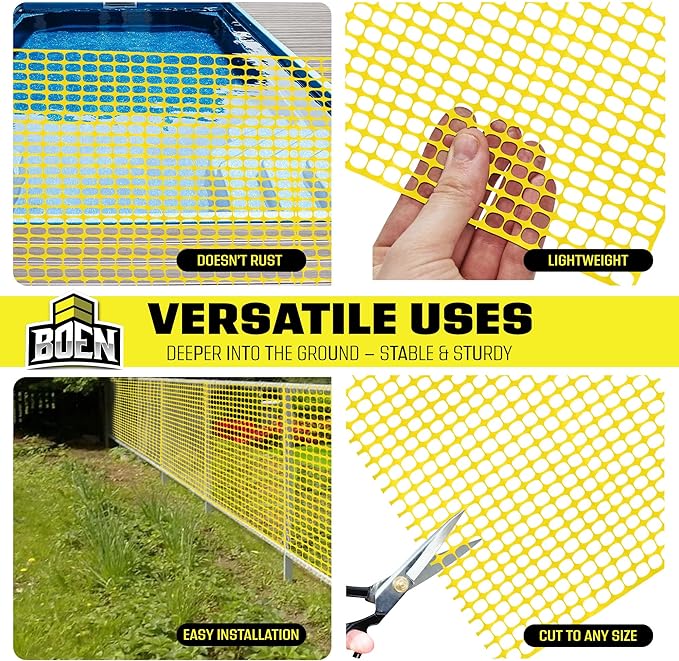 BOEN 4' x 100' Yellow Temporary Fencing, Mesh Snow Fence, Plastic, Safety Garden Netting, Above Ground Barrier, for Deer, Kids, Swimming Pool, Silt, Lawn, Rabbits, Poultry, Dogs