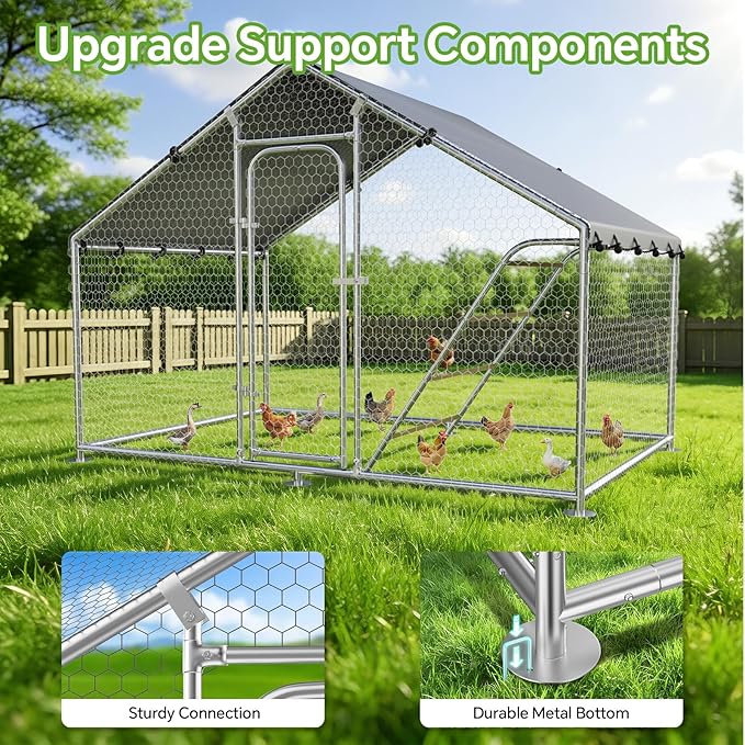Large Metal Chicken Coop with Roosting Perch, UV-Resistant and Waterproof Cover, Chicken Run Outdoor Walk-in Cage, Duck Goose House for Yard Farm Use Spire Roof (10’W x 4.9’L x 6.4’H)