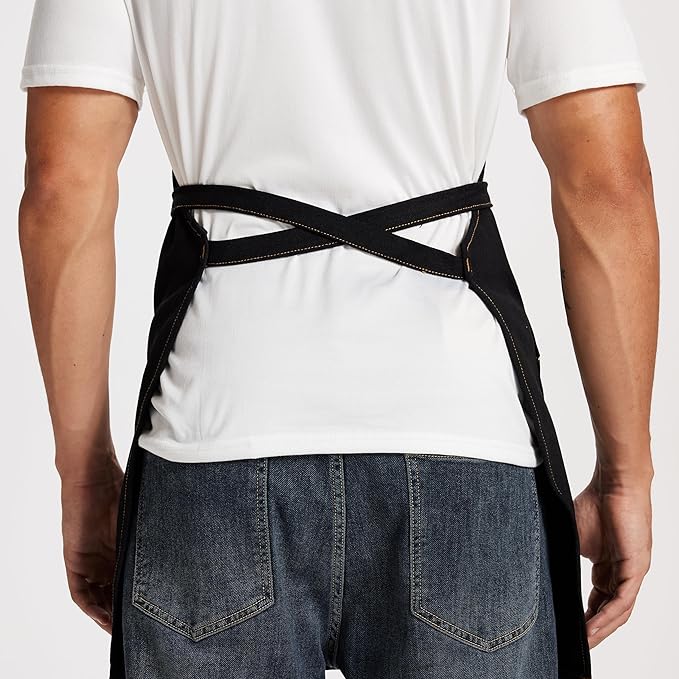 Chef Apron for Men Women with Large Pockets, Adjustable Denim Apron for Cooking, Baking, Gardening