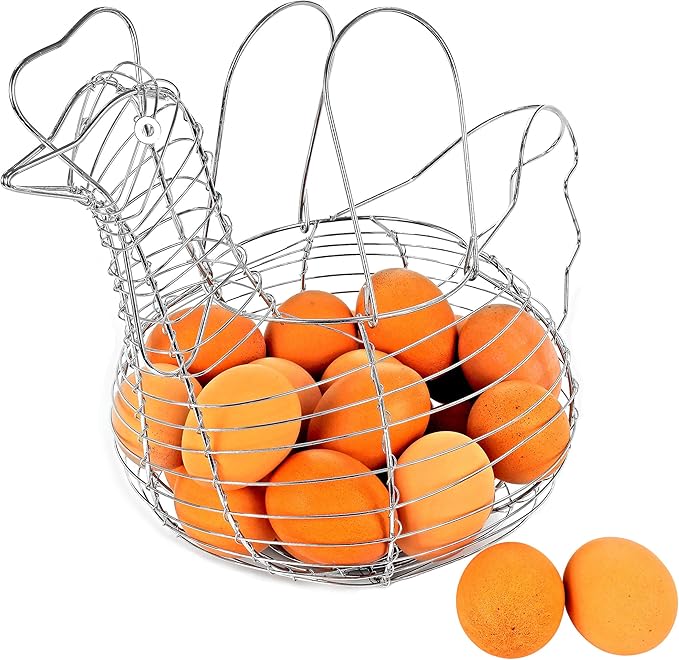 Chicken Shaped Egg Collection Basket - Wire Farmhouse Style Storage, Chrome Egg Holder for Kitchen Organization