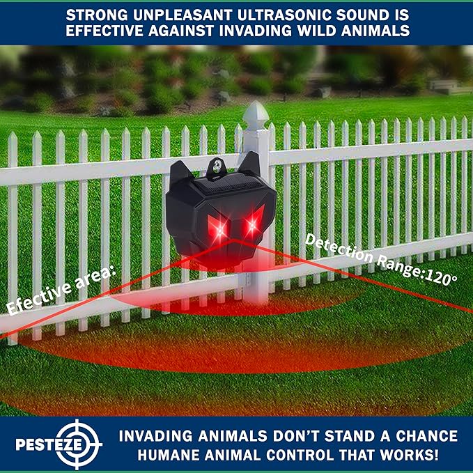 2 Pack PESTEZE Reusable Solar Nocturnal Animal Repeller. Flashing Red Light Deters Unwanted Animals Like Skunk, Deer, Coyote, Fox, Wolf, Rabbitt, Raccoon & Birds to Protect Property & Livestock