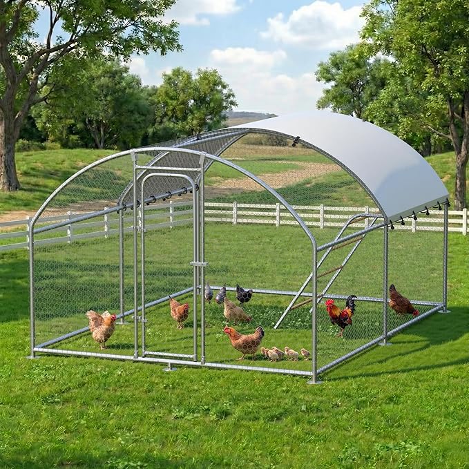 Large Metal Chicken Coop with Roosting Perch, Waterproof and UV-Resistant Cover, Outdoor Walk-in Cage Hen House for Yard Farm Rabbit Duck Chicken Run Dome Roof (10’ W x 13.2’ L x 6.4’ H)