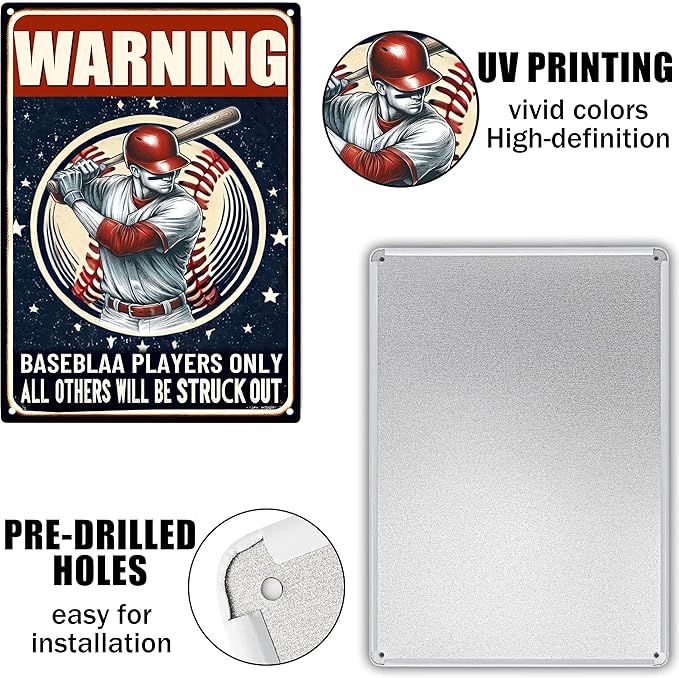 Funny Metal Signs Baseball Poster-Baseball Gifts for Boys,Baseball Gifts for Boys 8-12,Warning Baseball Players Only Sign Boy Room Decorations for Bedroom 8x12 Inches