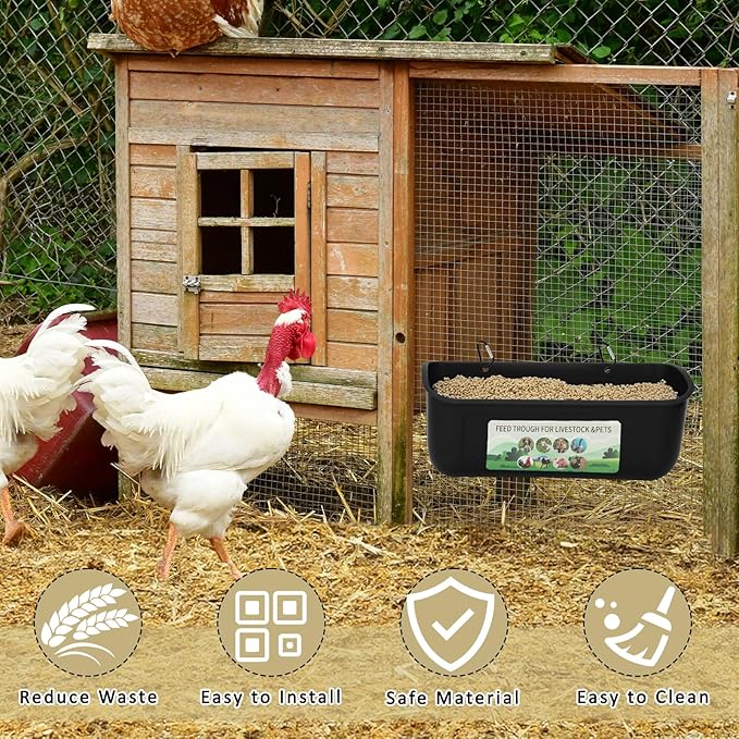 6 Pack Fence Feed Feeder 4.5 Quart Hanging Chicken Feeder Trough with Brush & Scoop Black Goat Hanging Fence Feeders Feeder with Hooks Screws & Zip Tie for Livestock Feeding Container Goats Supplies