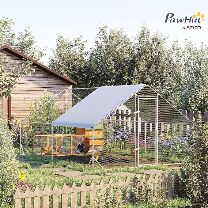PawHut Large Chicken Coop Metal Chicken Run with Waterproof and Anti-UV Cover, Spire Shaped Walk in Fence Cage Hen House for Outdoor and Yard Farm Use, 1" Tube Diameter, 9.8' x 13.1' x 6.6'