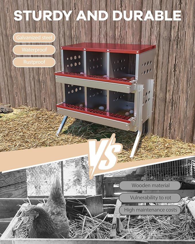 GarveeLife Metal Chicken Nesting Box for Laying Eggs, Rustproof Wall-mountable Roll Away Chicken Laying Boxes for Hens, Waterproof, Ventilated with Perch, 6 Compartments with Legs, Red