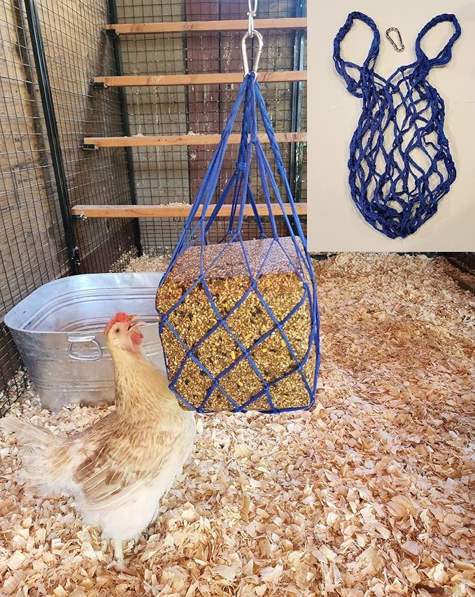 Muzzys Blue Chicken Coop Flock Block Bird Seed Hanging Bag Veggie Treat Holder - Poultry Feeder Toy Accessories Cabbage Bowl Sack - Holds 25 lb Pound Bird Seed Blocks, Poultry Run Wildlife Feeder