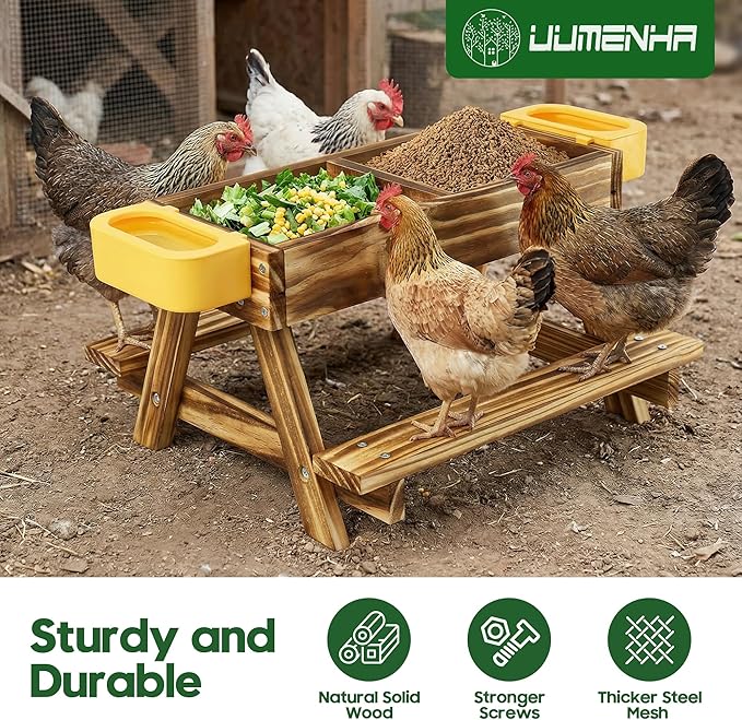 UUMENHA Carbonized Wooden Chicken Picnic Table Feeder with 2 Water Dispensers - No Waste Poultry Feeder, Easy to Clean & Fill, Suitable for Backyard Poultry/Squirrels, chicken Coop Accessories & Decor