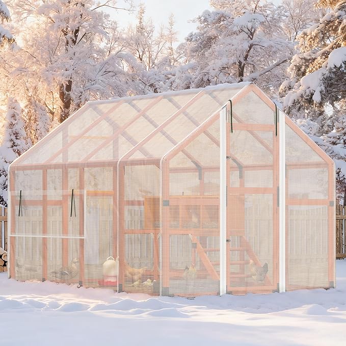 Extra Large Chicken Coop Run, Outdoor Wooden Chicken House Insulated with Waterproof Cover for Winter, 4 Nesting Boxes, Roosting Bars for 10-15 Chickens, Backyard, Farm, 9' x 6' x 6' (Orange)