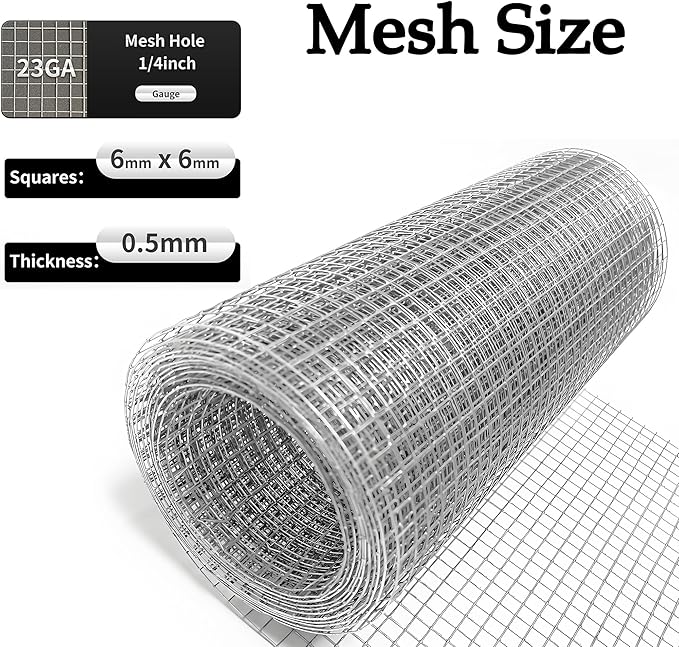 Hardware Cloth 1/4 inch 12inx10ft Galvanized After Welding 23 Gauge,Chicken Wire Mesh Screen Fence Wire Mesh Roll for Chicken Pen/Coop Fences, Garden Fences,Poultry Netting Cage