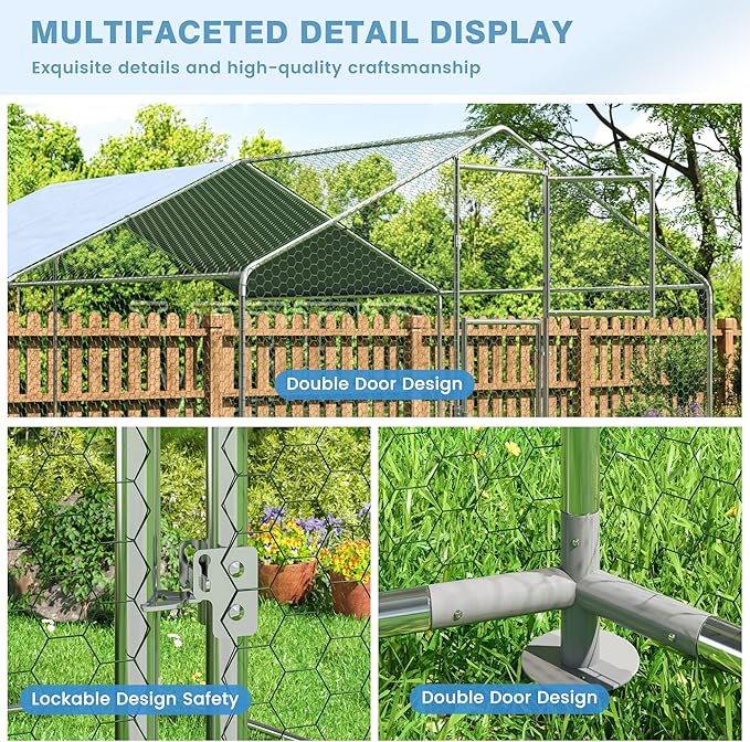 Polar Aurora Metal Chicken Coop, Large Outdoor Chicken Pen, Walk-in Chicken Run for 6-20 Chickens, Double Door Chicken House with Waterproof UV Protection Cover for Backyard (Spire-M)