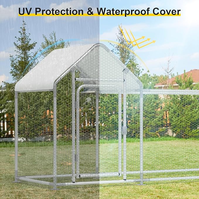 Metal Chicken Coop, Walk-in Chicken Run with Waterproof & Anti-UV Cover Poultry Cage Spire Roof with Lockable Door Chicken Hen House for Duck Rabbit Outdoor Farm