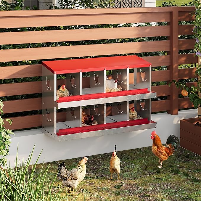 8 Grid Metal Chicken Nesting Box – Roll Away Egg Tray, Heavy Duty Rustproof Steel, Removable Plastic Trays, Lid Cover & Swing Perch, Ventilated for Hens/Ducks – Red (8 Grids, Without Bracket)