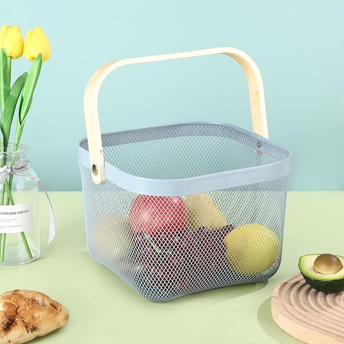 Metal Mesh Wire Basket, Small Steel Basket with Wooden Handle Storage Organizer Basket Multi-functional Hanging Kitchen Baskets Fruit Baskets for Kitchen Bathroom Cabinet Pantry Snacks, Blue