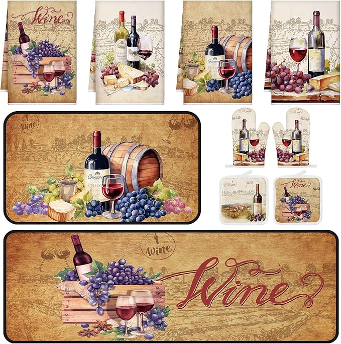 10 Pcs Wine Kitchen Dish Towels Rugs Oven Mitts and Pot Holders Set Farmhouse Kitchen Decor Set for Women Mom Daughter Gift Cooking Baking Grilling (Rustic Color)