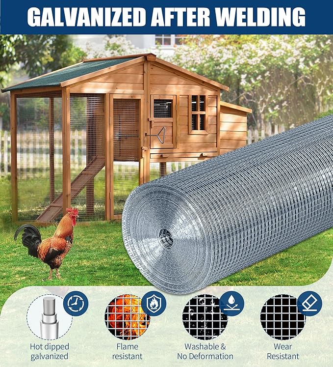 Hardware Cloth 1/2 Inch 24 in x 50 ft 19 Gauge, Hot Dip Galvanized Wire Mesh Rolls Welded Chicken Wire Fencing for Chicken Coop Barrier, Poultry Netting Cage Wire Fence(1/2 inch 24''× 50')