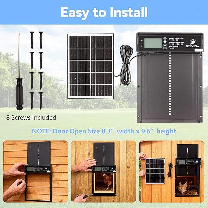 Automatic Chicken Coop Door –USB-C & Solar Powered Chicken Coop Door, Anti-Pinch Safety, Timer & Light Sensor Modes, Remote Control, Waterproof Aluminum Door