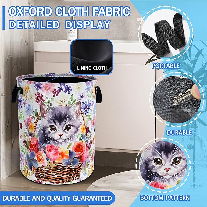 Cute Cat Laundry Basket Flowers Animal Oxford Cloth Laundry Hamper With Handle Foldable Portable Clothes Storage Basket 18.9 X 16.5 In Storage Bag For Laundry Room/Bathroom/Bedroom/Dormitories