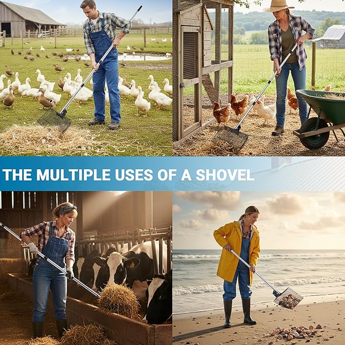 Chicken Poop Scooper, Litter Coop Scoop Rake Sand Sifting Shovel with Adjustable Long Handle (37" to 78"), Cleaning Tools Accessories for Chicken Coops & Farm Animals