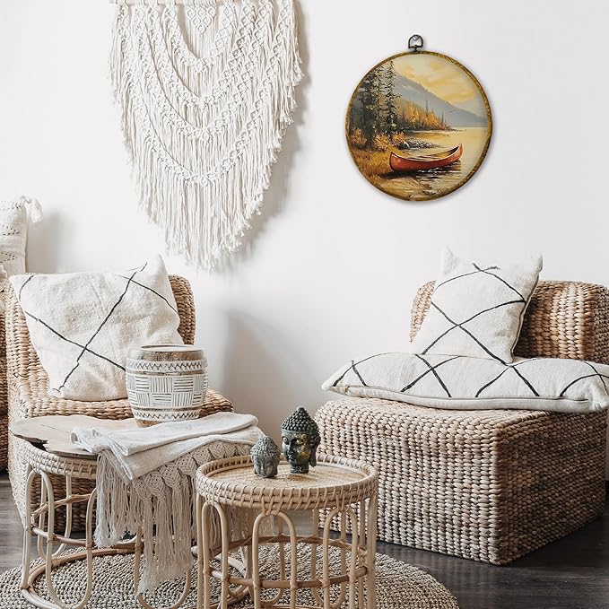 shiviody Vintage Lake Boats Canvas Wall Art Decor, Nautical Sailing Boat Wall Decor, Modern Scenic Landscape Round Hanging Frame Prints Decorations for Living Room Bedroom 10"x10"