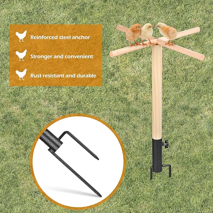 Chicken Perch for Coop - 4 Wooden Roosting Bars for Chickens, Chicken Toys for Coop with Rustproof Metal Base & Ground Anchors, Stable Chicken Coop Toys, 1-Min No-Tool Setup, 26.72In Height