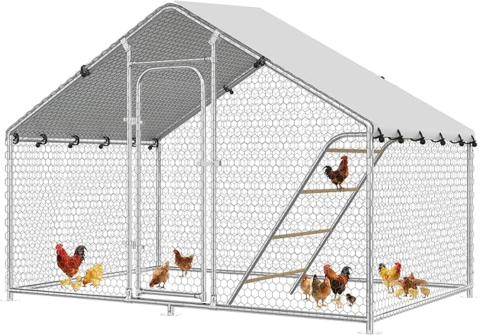 Large Metal Chicken Coop with Roosting Perch, UV-Resistant and Waterproof Cover, Chicken Run Outdoor Walk-in Cage Rabbit Duck Hen House for Yard Farm Use Spire Roof (10’ W x 4.9’ L x 6.4’ H)
