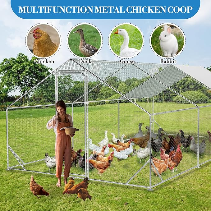 Large Metal Chicken Coop, Walk-In Poultry Cage, Chicken Run Pen House With Reinforcement & Waterproof & Anti-Ultraviolet Cover Chicken Coop Run With Double Lockable Doors for Outdoor 9.8 x 19.7X 6.6ft