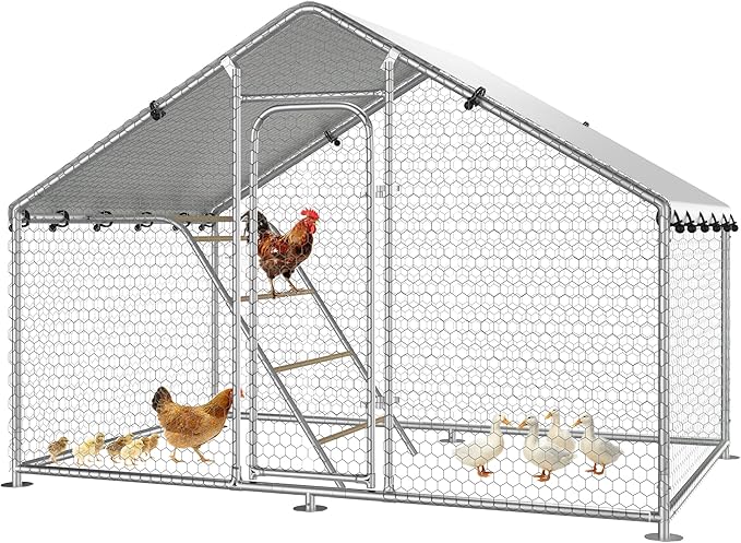 Large Metal Chicken Coop with Roosting Perch, UV-Resistant and Waterproof Cover, Chicken Run Outdoor Walk-in Cage Rabbit Duck Hen House for Yard Farm Use Spire Roof (10’ W x 4.9’ L x 6.4’ H)