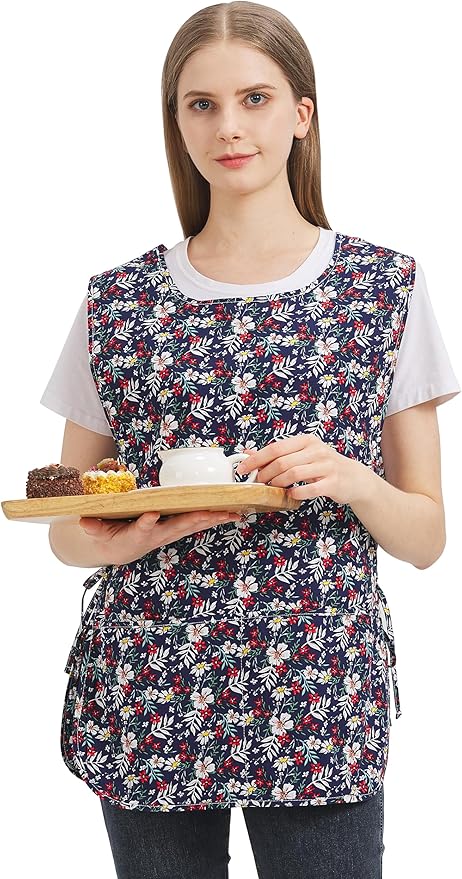 Nanxson Women Cobbler Apron with 2 Patch Pockets Cotton printed Smock with Side Ties for Work Chef kitchen CF3187