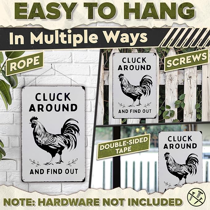 Humorous Chicken Coop Sign – 12 x 8 inch Rustic Tin Rooster Decor for Barn or Kitchen, Farmhouse Metal Sign, Country Farm Decorations Indoor or Outdoor