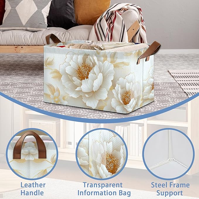 Vintage Peony Storage Baskets,White Gold Flower Foldable Large Capacity Organizer Bins with Waterproof Lining and Leather Handles for Closet,Shelf,Bedroom 17x11.5x10Inch