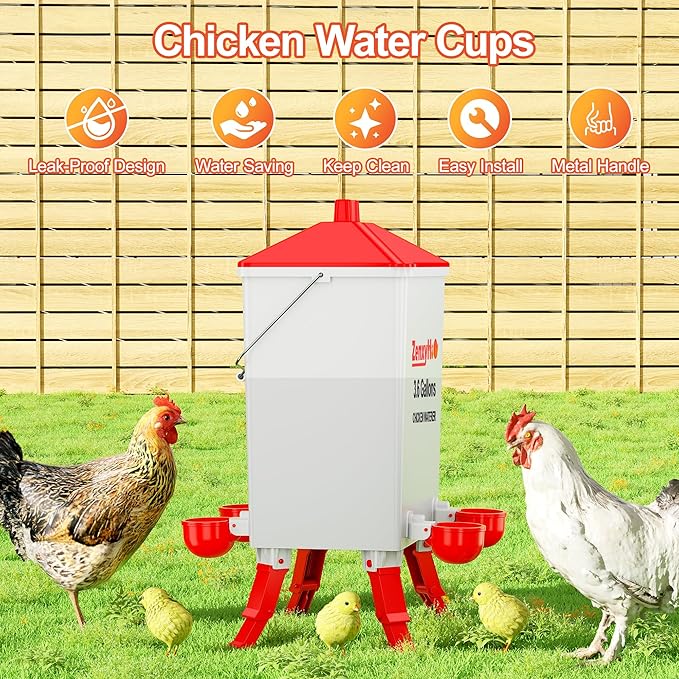 3.6 Gallons Chicken Waterer Bucket with 3 Adjustable Heights, 4 Waterer Cups and Anti Roost Cone