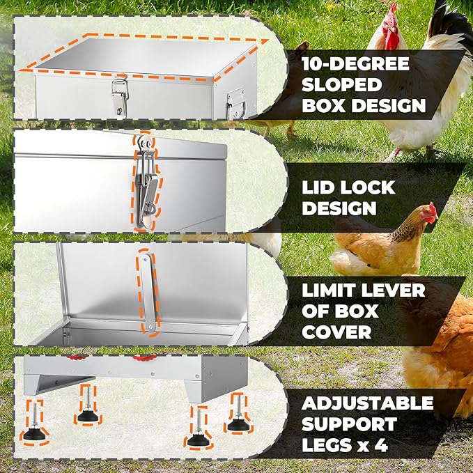 25 lbs 4-Port Galvanized Chicken Feeder No Waste with Locking Lid&Riveted Handles,Adjustable Height,Large Capacity Rainproof Automatic Chicken Feeders for Chickens, Poultry Coop,Silver