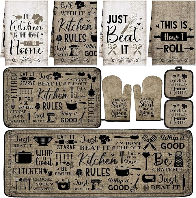 10 Pcs Attractive Style Kitchen Dish Towels Rugs Oven Mitts and Pot Holders Set Farmhouse Kitchen Decor Set for Women Mom Daughter Gift Cooking Baking Grilling (Rustic Farmhouse)