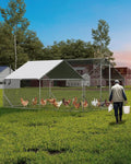 Large Metal Chicken Coop Upgrade Tri-Supporting Wire Mesh, 9.8' W x 13.1' L x 6.5 H Walk-in Poultry Cage, Chicken Run Pen House with Waterproof & Anti-Ultraviolet Cover & Lockable Doors for Outdoor