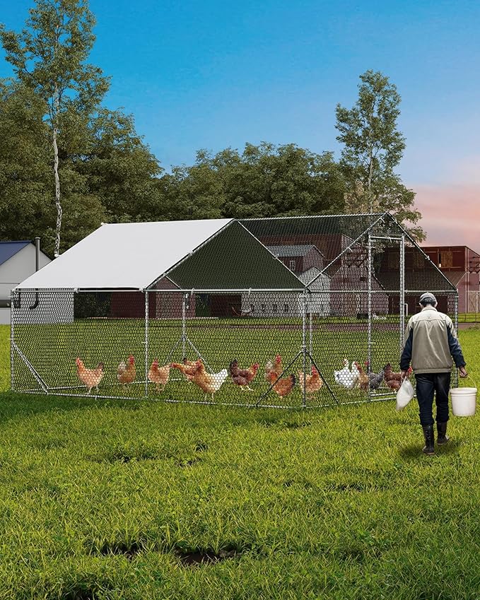 Large Metal Chicken Coop Upgrade Tri-Supporting Wire Mesh, 9.8' W x 13.1' L x 6.5 H Walk-in Poultry Cage, Chicken Run Pen House with Waterproof & Anti-Ultraviolet Cover & Lockable Doors for Outdoor