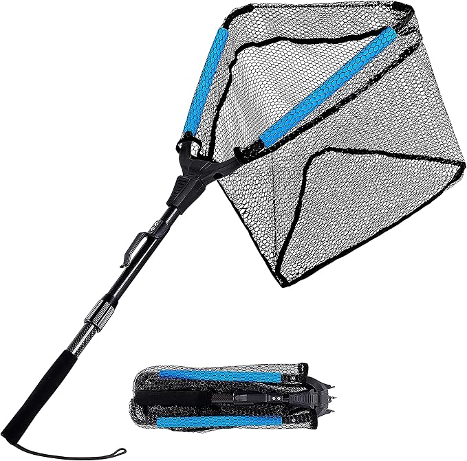 PLUSINNO Fishing Net Fish Floating Landing Net, Kayak Nets with Fixed Foldable Telescopic Pole Handle, Bass Trout Fishing Nets with Nylon Mesh for Pond Lake River, Fishing Gear Gifts for Men Anglers