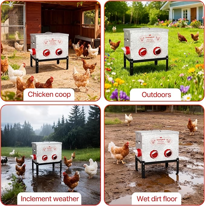 Automatic Chicken Feeder 40LB - 6 Gravity-Fed Chicken Feeders Reduce Waste, Adjustable Legs & Secure Lid, Heavy-Duty Galvanized Steel for Coops (Bright Silver)