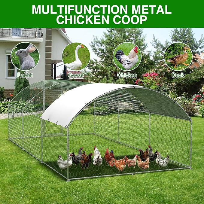 Garvee Metal Chicken Run, 9.8 x 19.7 x 6.6 Ft Metal Chicken Coop for Yard with Waterproof and Anti-Ultraviolet Cover, Dome Roof Walk in Chicken House, Poultry Cage for Hen, Duck and Rabbit