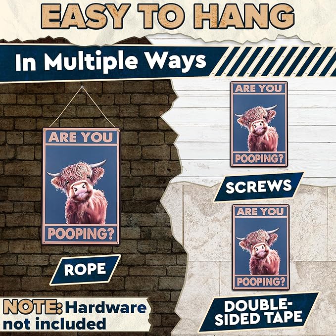 Are You Pooping Highland Cow Sign - Funny Bathroom Decor Metal Sign with Anti-Rust Coating 12x8 Inch - Highland Cow Decor for Home, Metal Wall Plaque for Toilet, Tin Wall Art – Farmhouse Funny Bathroom Art