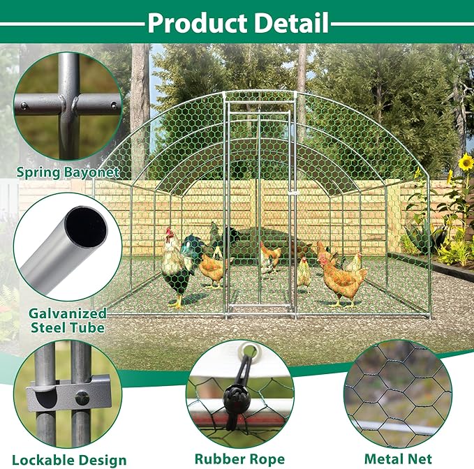 OUYESSIR Outdoor Metal Chicken Coop, Large Walk-in Chicken Run Pen with Waterproof Cover, Rabbit Habitat Dome Roof Poultry Cage for Backyard Farm Use (10'W x 26'L x 6.56'H)