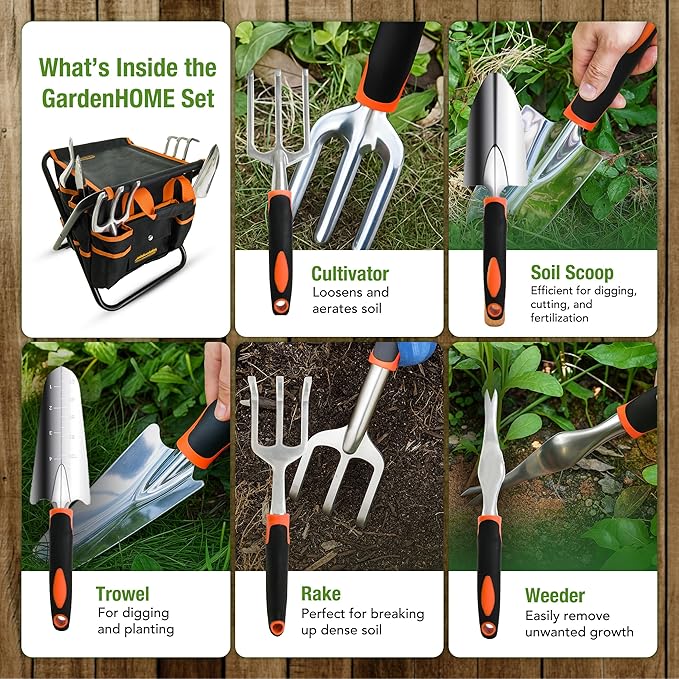 GardenHOME 7-Piece Garden Tool Set – Stainless Steel Tools with Folding Stool & Tote Bag, Black and Orange, Practical Kit for Men and DIY Yard Work