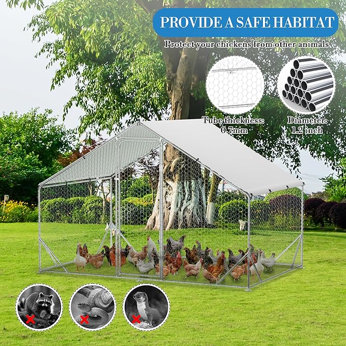 Large Metal Chicken Coop, 9.8'L x 6.5'W x 6.5'H Walk-in Poultry Cage, Chicken Run Pen House with Waterproof & Anti-Ultraviolet Cover Chicken Coop Run for Outdoor Backyard Farm