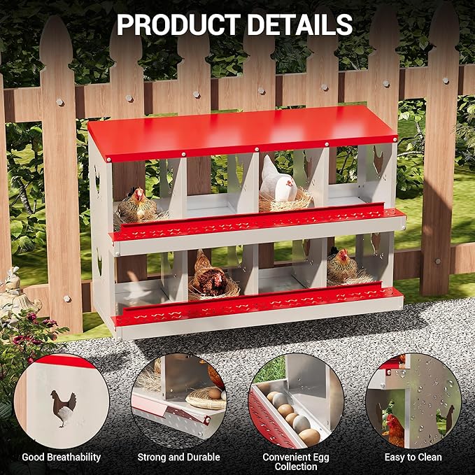 8 Hole Chicken Nesting Box, Galvanized Steel Nesting Boxes with Vented Design, Laying Nesting Boxes for Hens, Wall Mount, Red