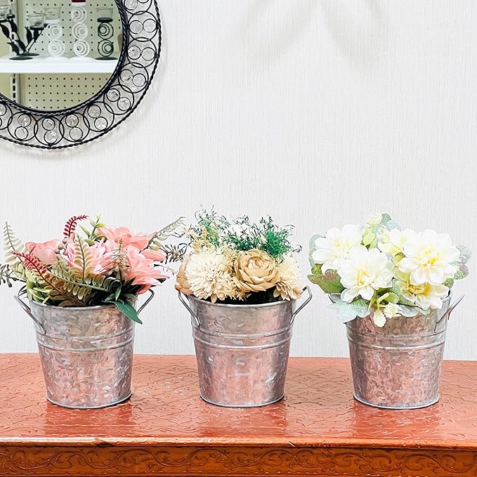 Hosley Set of 3 Galvanized Acid Wash Finish Bucket/Pots with PVC Liner 5" Dia x 5" H, Ideal Gift for Floral Arrangements Wedding Home Office Party DIY Indoor Outdoor Garden Patio