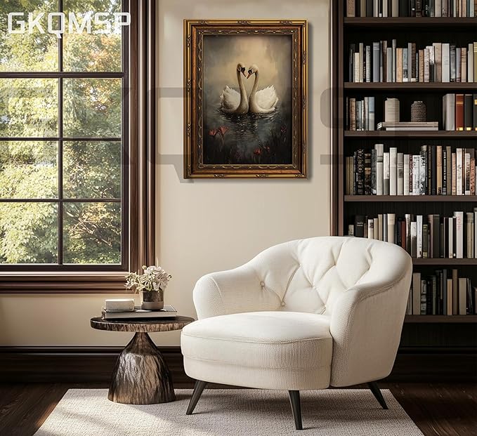 Vintage Gold Framed Wall Art Vintage Swan Canvas Wall Decor Retro Moody Swan Oil Painting Prints Farmhouse Antique Animal Picture Poster Artwork for Home decor Living Room Bedroom Hallway 12x16in