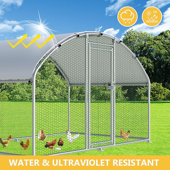 HITTITE Large Metal Chicken Coop with Run, 9.84 x 6.4 x 6.23 ft Walk in Poultry Cage Chicken Run Pen, Dome Roof Outdoor Chicken Runs for Yard with Waterproof & Anti-UV Cover