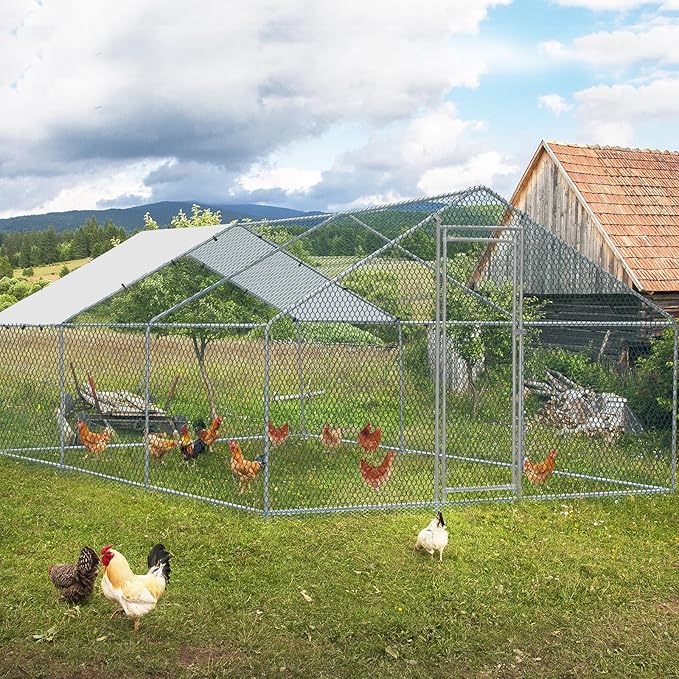 VINGLI Large Metal Chicken Coop for Chickens, Walk-in Chicken Run with Waterproof Anti-UV Cover, Heavy-Duty Chicken Pen with Security Lock for Outdoor Backyard Farm Use (19.7'Lx9.8'Wx6.5'H)