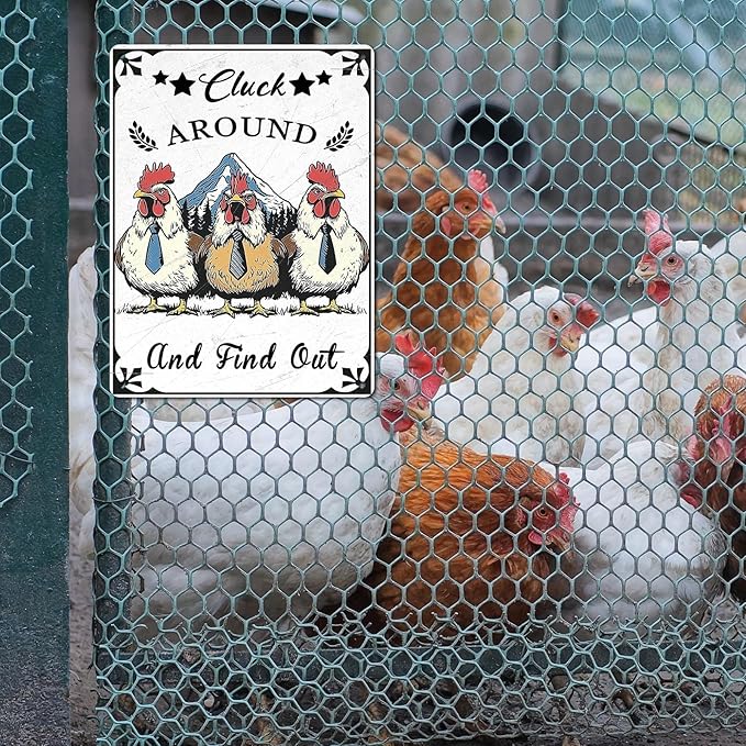 Vintage Chicken Coop Tin Sign Chicken Cluck Around And Find Out Retro Rooster Metal Poster Funny Pet Lovers Wall Art Decorations for Bar Farmhouse Garden Plaque 12 * 16inch